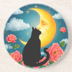 Silhouette Of Cat Sitting Before Moon Coaster