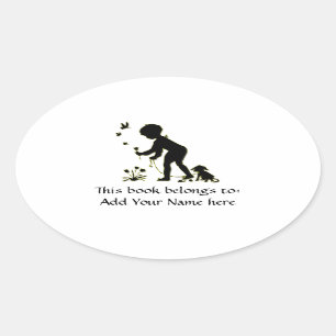Silhouette of child picking flowers with dog oval sticker