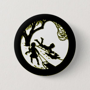 Silhouette of children sledding with their dog 6 cm round badge