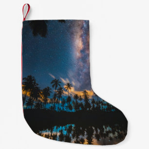 Silhouette of coconut trees reflected on body of w small christmas stocking