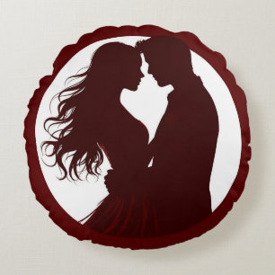 Silhouette Of Couple Embracing Face-To-Face Round Cushion