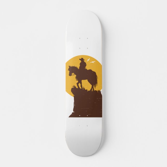 Silhouette of cowboy riding horse at sunset skateboard (Front)