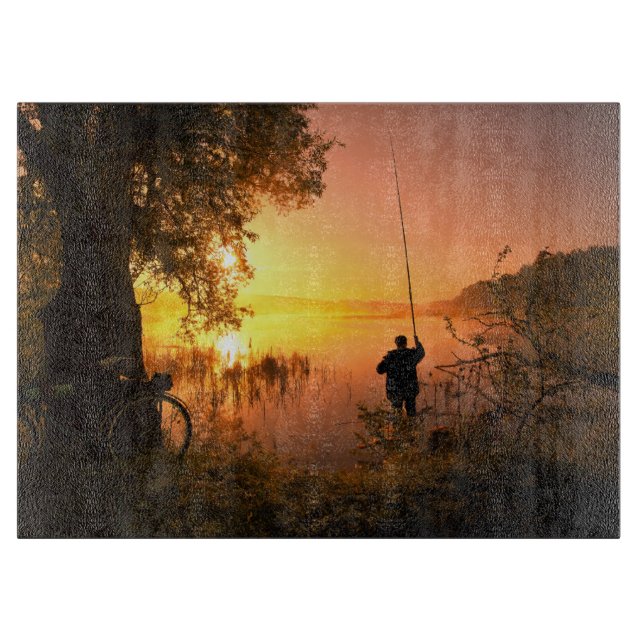 Silhouette of Fisherman on Lake at Sunset Cutting Board (Front)
