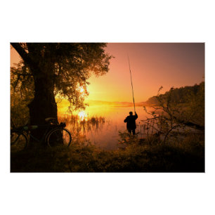 Silhouette of Fisherman on Lake at Sunset Poster