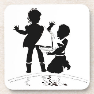 silhouette of girl and boy and model boat coaster