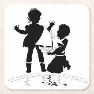 silhouette of girl and boy and model boat square paper coaster