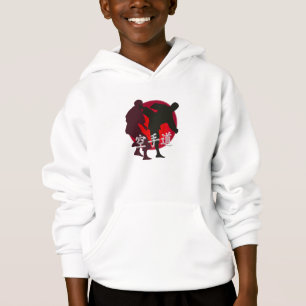 Silhouette of Karate fight, red circle background.