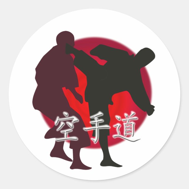 Silhouette of Karate fight, red circle background. Classic Round Sticker (Front)
