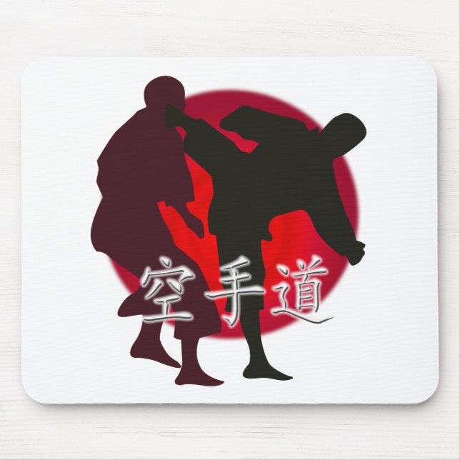 Silhouette of Karate fight, red circle background. Mouse Pad (Front)