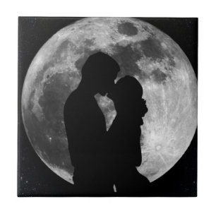 Silhouette of lovers in a full moon at night ceramic tile