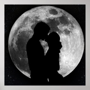 Silhouette of lovers in a full moon at night poster