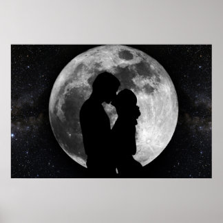 Silhouette of lovers in a full moon at night poster