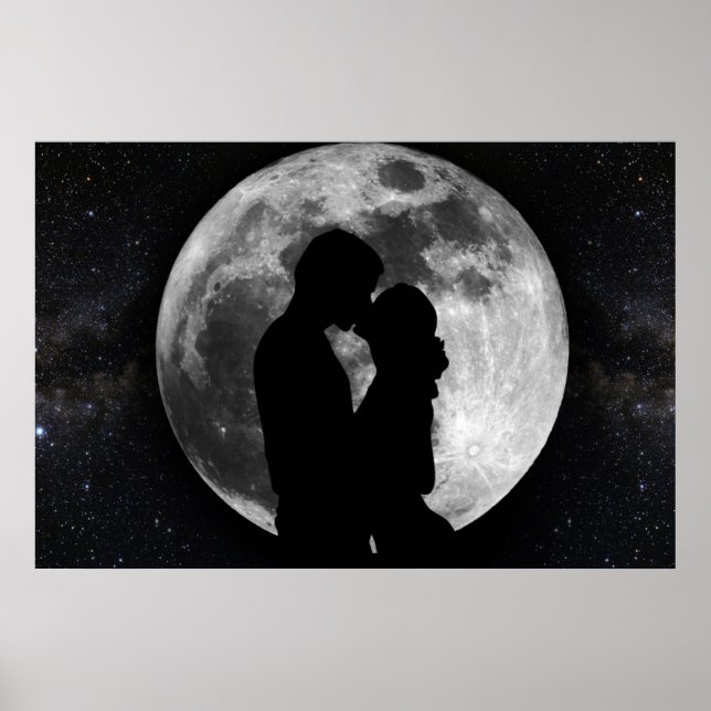 Silhouette of lovers in a full moon at night poster (Front)