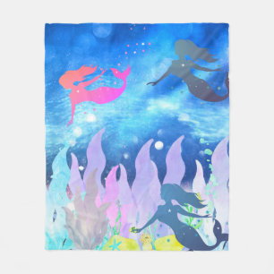 Silhouette of mermaid's playing tag fleece blanket