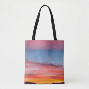 SILHOUETTE OF MOUNTAIN UNDER CLOUDY BLUE SKY PHOTO TOTE BAG