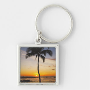Silhouette of one Palm Tree by a Red Orange Sunset Key Ring