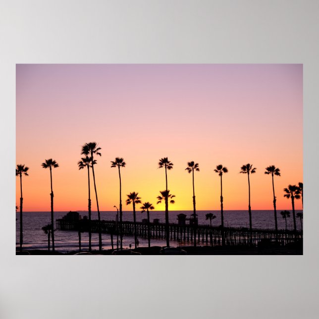Silhouette of palm trees and dock during sunset poster (Front)