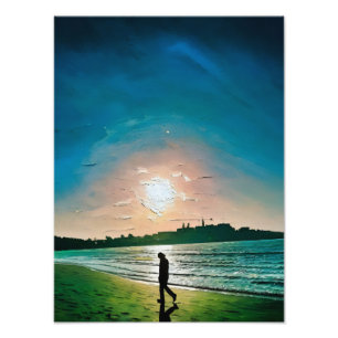 Silhouette of Person Walking Along Beach at Sunset Photo Print