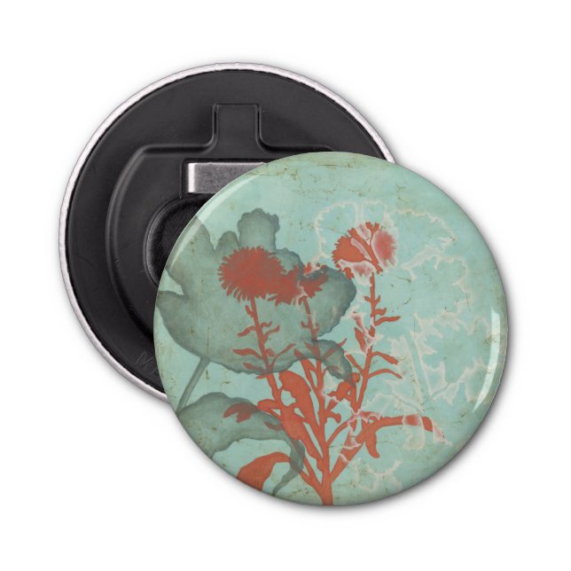Silhouette of Red Flowers on Teal Background Bottle Opener (Front)