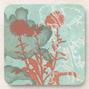 Silhouette of Red Flowers on Teal Background Coaster