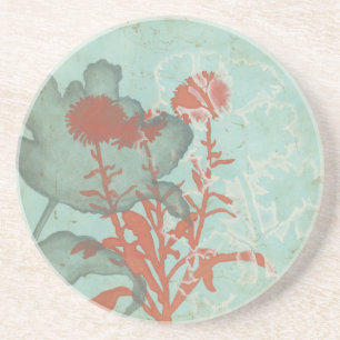 Silhouette of Red Flowers on Teal Background Coaster