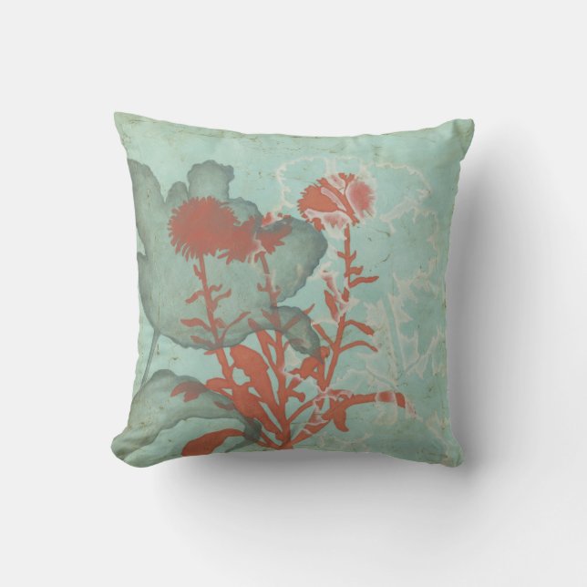 Silhouette of Red Flowers on Teal Background Cushion (Front)