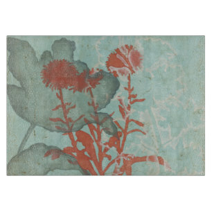 Silhouette of Red Flowers on Teal Background Cutting Board