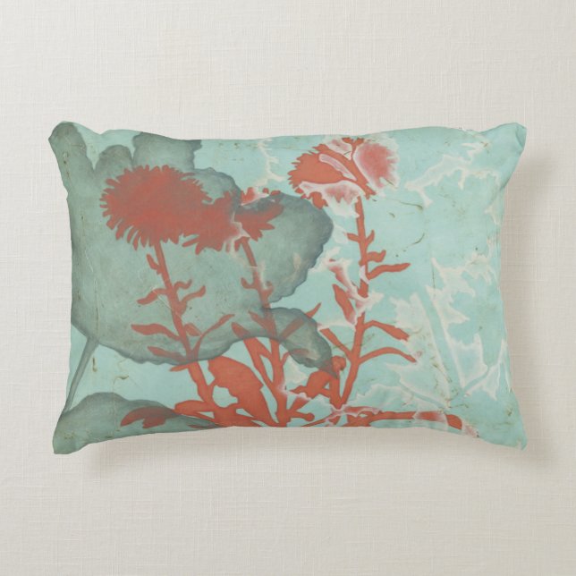 Silhouette of Red Flowers on Teal Background Decorative Cushion (Front)
