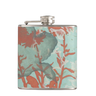 Silhouette of Red Flowers on Teal Background Hip Flask