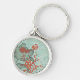 Silhouette of Red Flowers on Teal Background Key Ring