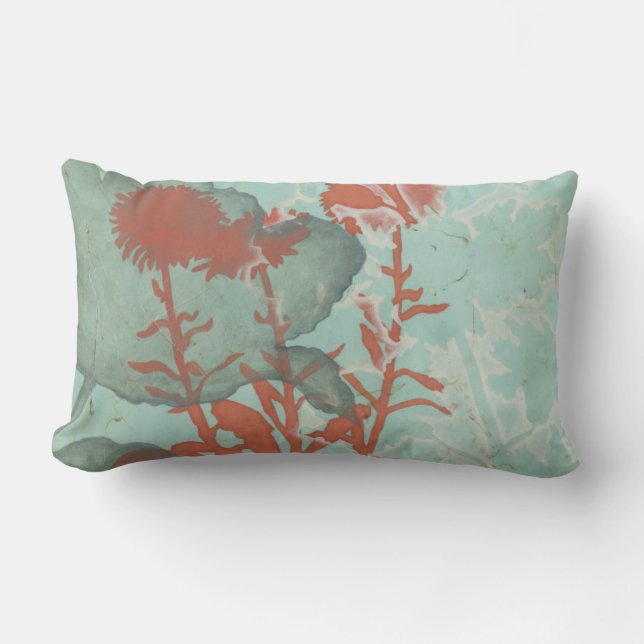 Silhouette of Red Flowers on Teal Background Lumbar Cushion (Front)