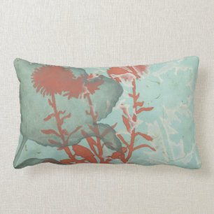 Silhouette of Red Flowers on Teal Background Lumbar Cushion