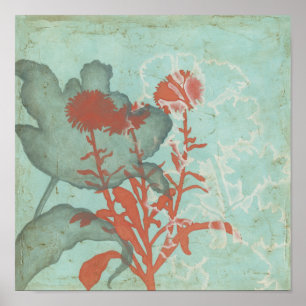 Silhouette of Red Flowers on Teal Background Poster