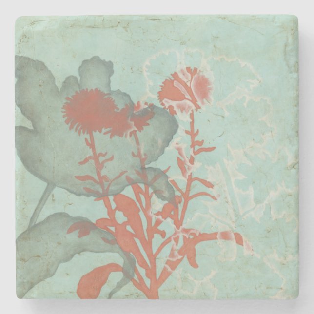 Silhouette of Red Flowers on Teal Background Stone Coaster (Front)
