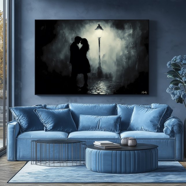 Silhouette of Romantic Couple in Misty Streetlight Poster (Creator Uploaded)