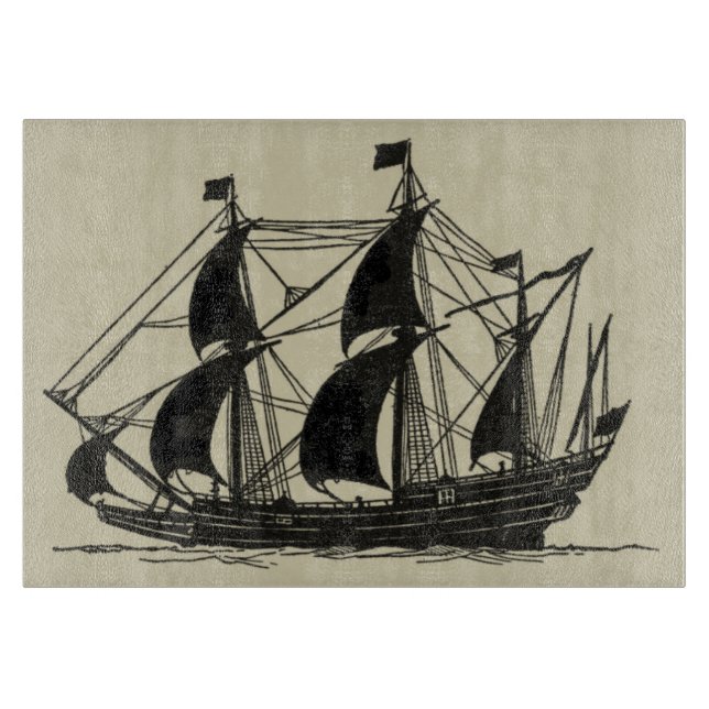 Silhouette of Ship with Billowing Sails Cutting Board (Front)