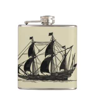 Silhouette of Ship with Billowing Sails Hip Flask
