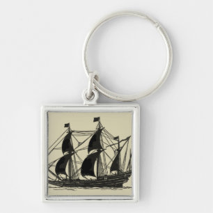 Silhouette of Ship with Billowing Sails Key Ring