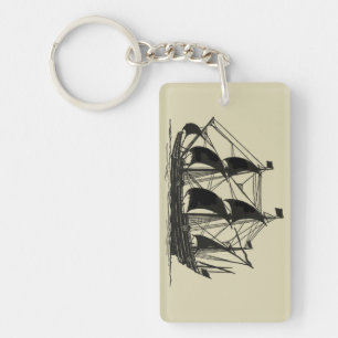 Silhouette of Ship with Billowing Sails Key Ring