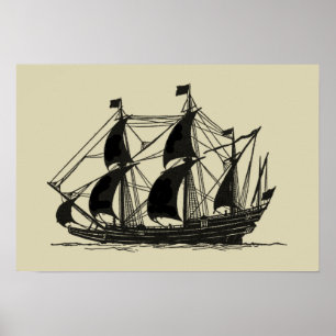 Silhouette of Ship with Billowing Sails Poster