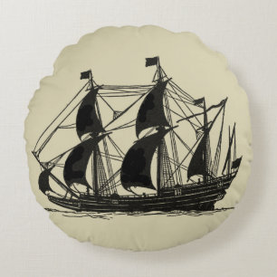 Silhouette of Ship with Billowing Sails Round Cushion