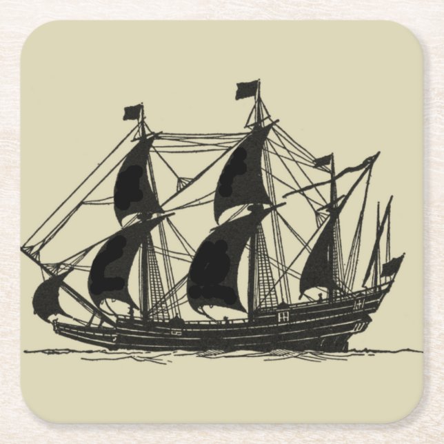 Silhouette of Ship with Billowing Sails Square Paper Coaster (Front)