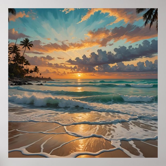 Silhouette of Sunset on the Beach Poster (Front)
