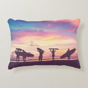Silhouette Of surfer people carrying their surfboa Decorative Cushion