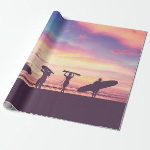 Silhouette Of surfer people carrying their surfboa Wrapping Paper