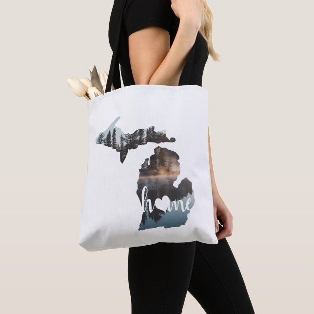Silhouette Of The State Of Michigan On White Tote Bag (Close Up)