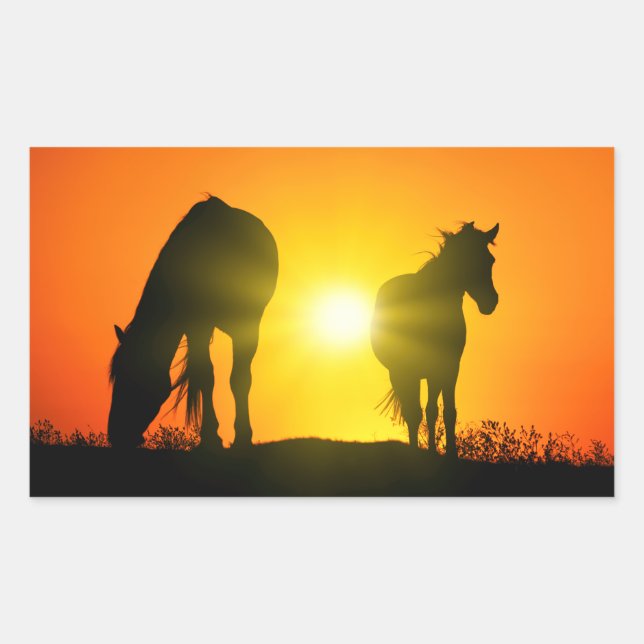 Silhouette of Two Horses at Sunset Rectangular Sticker (Front)
