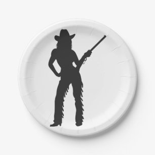 Silhouette of Western Cowgirl Paper Plate
