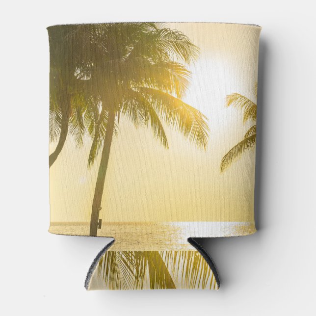 Silhouette Palm Tree: Ocean Sunset. Can Cooler (Front)