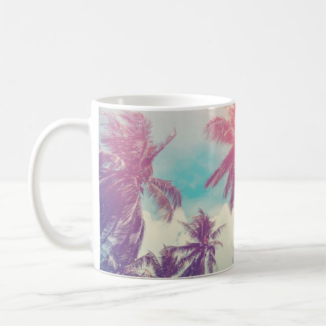 Silhouette palm trees, sunset abstract. coffee mug (Left)